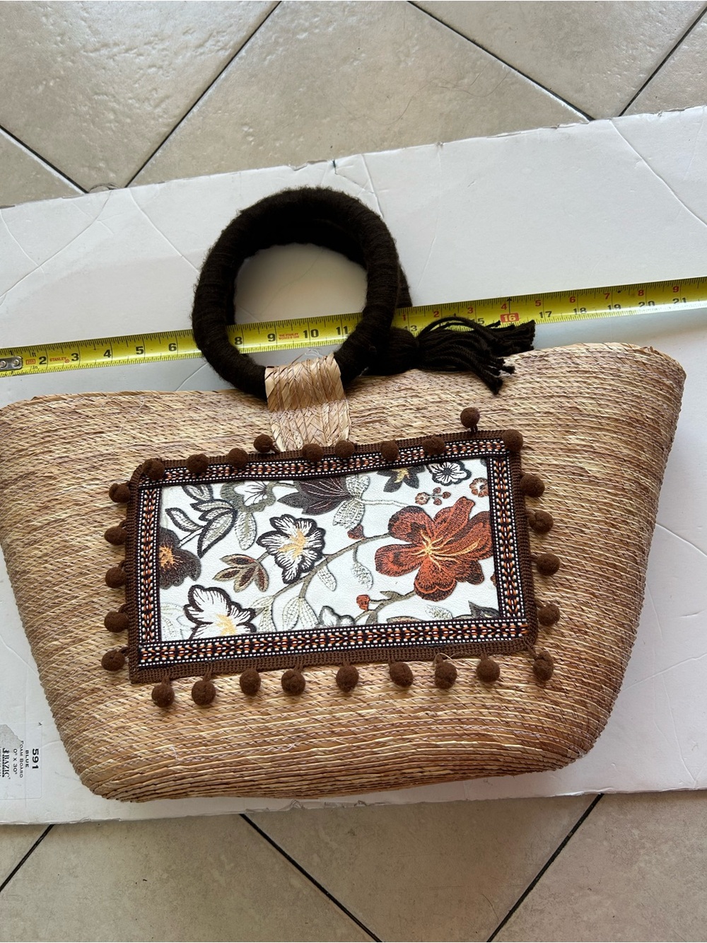 Handwoven Straw Tote with Floral Applique - Brown